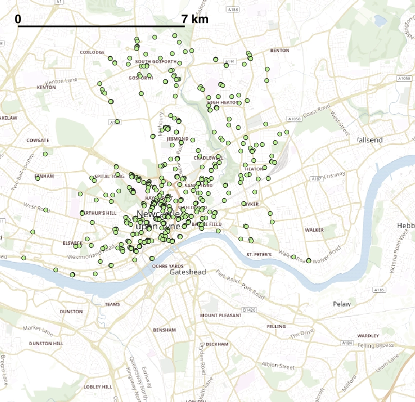 Map of Newcastle, the UK city with the largest shared e-scooter fleet.