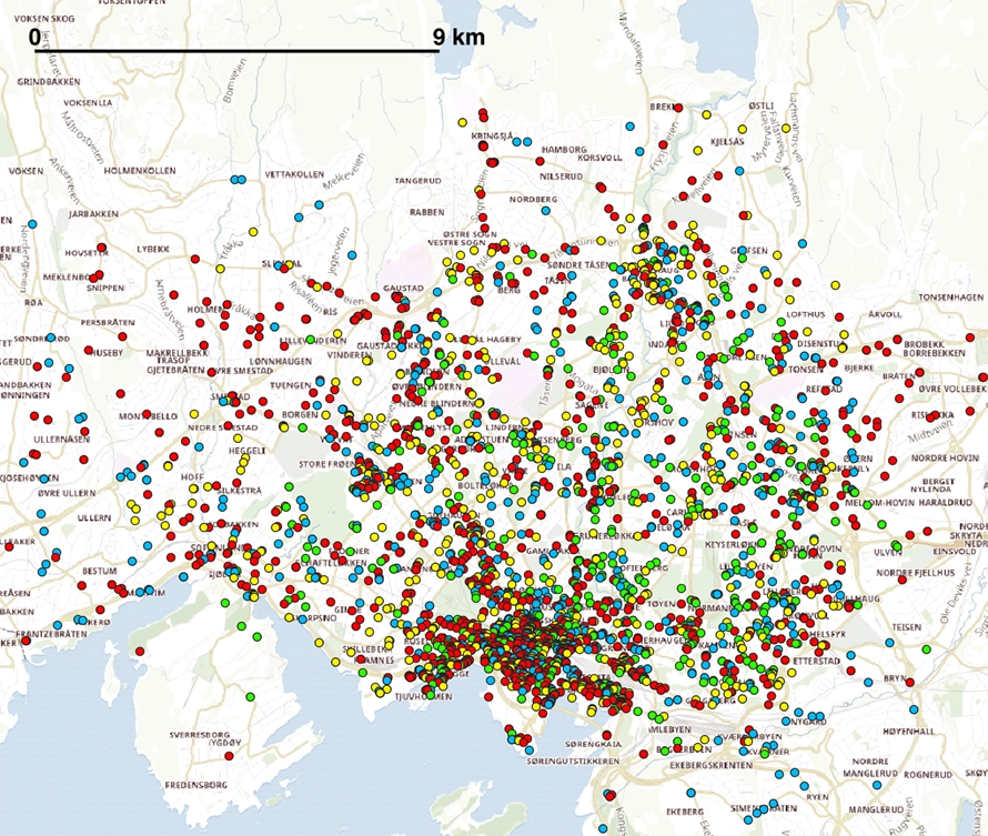 Map of e-scooter operators Bolt, Lime, TIER and Voi in the Norwegian capital Oslo.